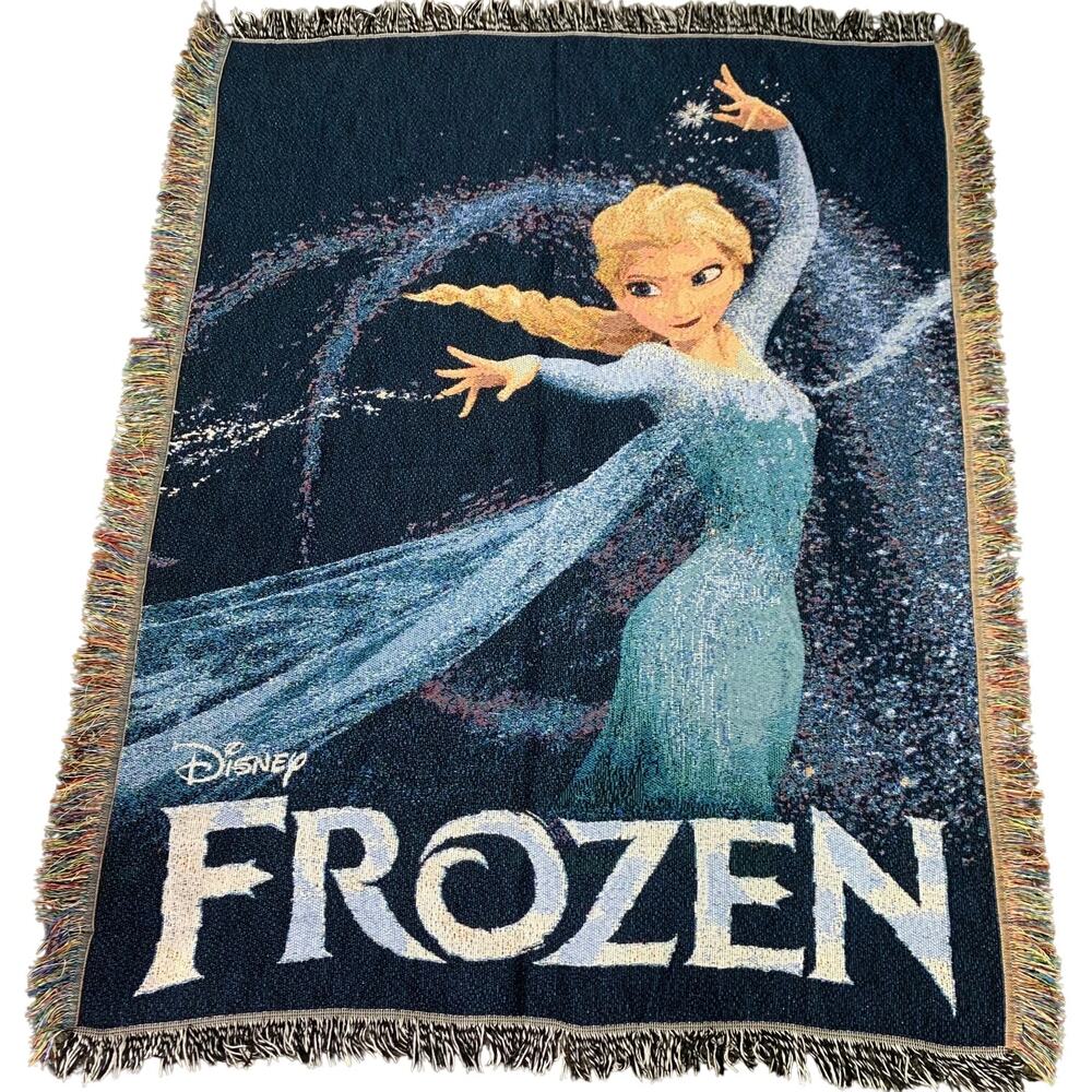 Disney Frozen Elsa Woven Tapestry Throw 48x60" Blue White Gold Collectible